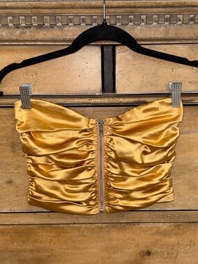NWT Blue Blush Gold Satin Ruched Zip-Front Tube Top - Small